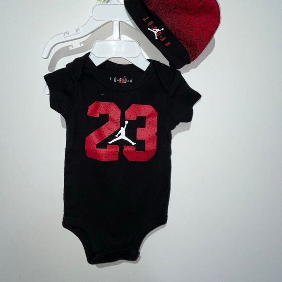 Jordan Other - Jordan Baby Black Red Number 23 Jumpman logo Bodysuit Beanie Set Size 6 Months